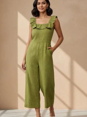Japna Olive Green Ruffle Neck Jumpsuit NWT